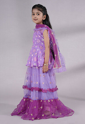 Embroidered Net Lehenga in Purple