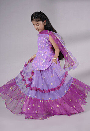 Embroidered Net Lehenga in Purple