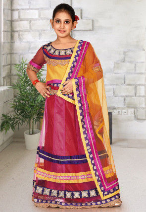 Embroidered Net Lehenga in Red and Pink