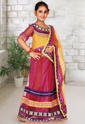 Embroidered Net Lehenga in Red and Pink