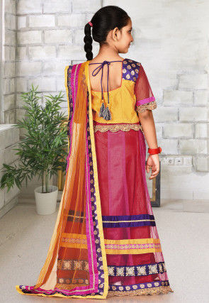 Embroidered Net Lehenga in Red and Pink