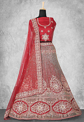 Embroidered Net Lehenga in Red