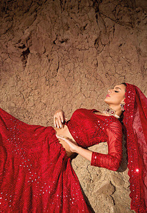 Embroidered Net Lehenga in Red