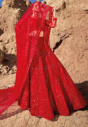 Embroidered Net Lehenga in Red