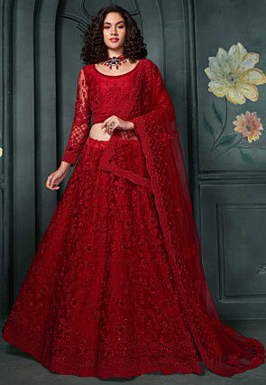 Embroidered Net Lehenga in Red