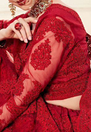Embroidered Net Lehenga in Red