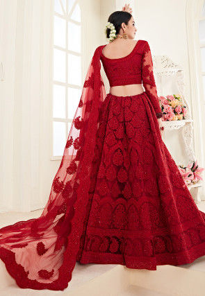 Embroidered Net Lehenga in Red
