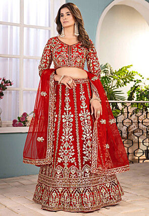 Embroidered Net Lehenga in Red