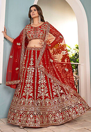 Embroidered Net Lehenga in Red