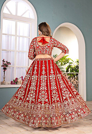 Embroidered Net Lehenga in Red