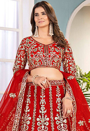 Embroidered Net Lehenga in Red
