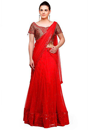 Embroidered Net Lehenga in Red
