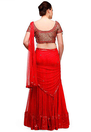 Embroidered Net Lehenga in Red