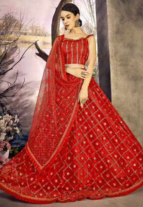 Embroidered Net Lehenga in Red