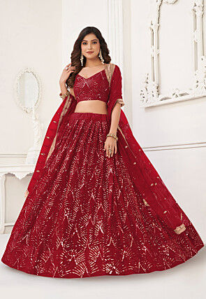 Embroidered Net Lehenga in Red