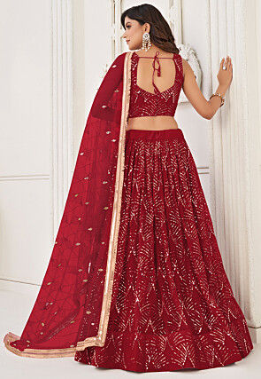 Embroidered Net Lehenga in Red