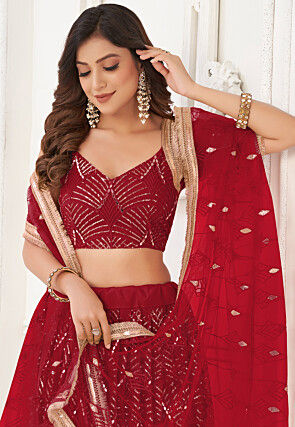 Embroidered Net Lehenga in Red