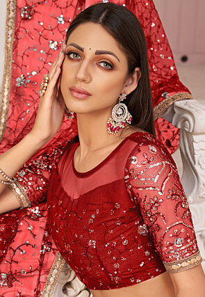 Embroidered Net Lehenga in Red