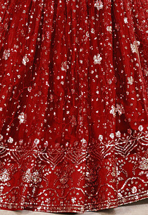 Embroidered Net Lehenga in Red