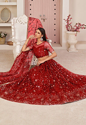 Embroidered Net Lehenga in Red