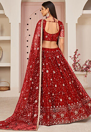 Embroidered Net Lehenga in Red
