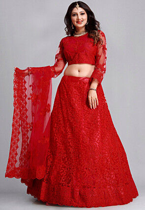 Embroidered Net Lehenga in Red
