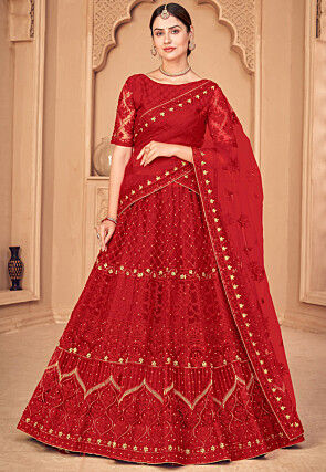 Embroidered Net Lehenga in Red