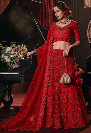 Red Designer Bridal Long Trail Lehenga Choli with Golden Embroidery --sgquangbinhtourist.com.vn