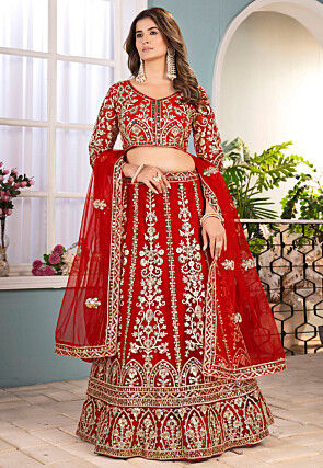 Embroidered Net Lehenga in Red