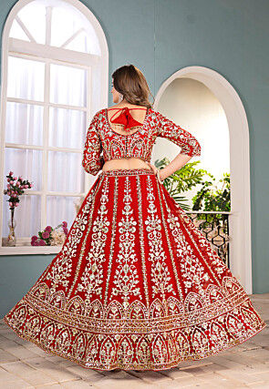 Embroidered Net Lehenga in Red