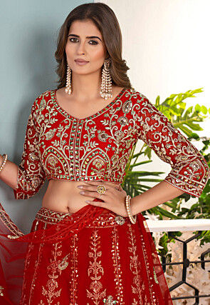 Embroidered Net Lehenga in Red