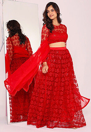 Embroidered Net Lehenga in Red