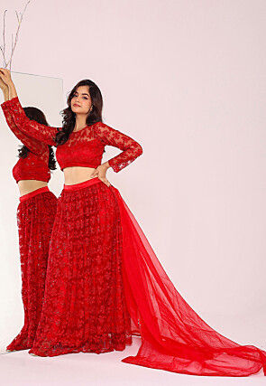 Embroidered Net Lehenga in Red