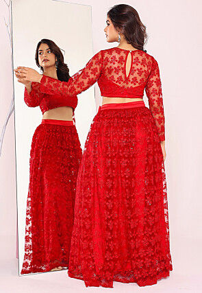 Embroidered Net Lehenga in Red