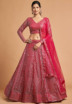 Embroidered Net Lehenga in Red