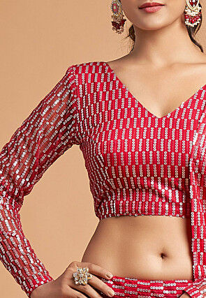 Embroidered Net Lehenga in Red