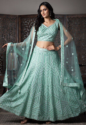 Embroidered Net Lehenga in Sea Green