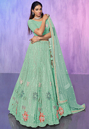 FABPIXEL Sea Green & Red Printed Semi-Stitched Lehenga & Unstitched Blouse  With Dupatta - Absolutely Desi