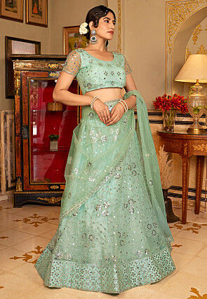 Embroidered Net Lehenga in Sea Green