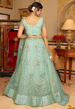 Embroidered Net Lehenga in Sea Green