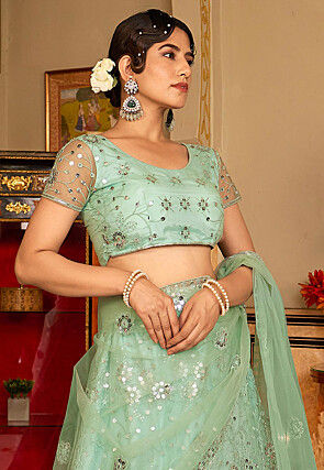 Embroidered Net Lehenga in Sea Green