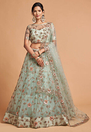Embroidered Net Lehenga in Sea Green