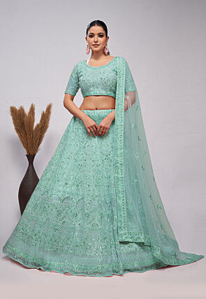 Embroidered Net Lehenga in Sea Green