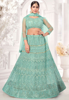 Embroidered Net Lehenga in Sea Green