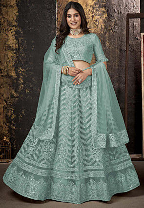 Embroidered Net Lehenga in Sea Green