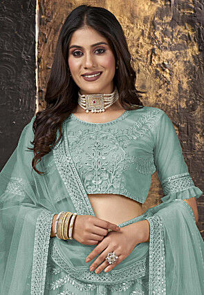 Embroidered Net Lehenga in Sea Green