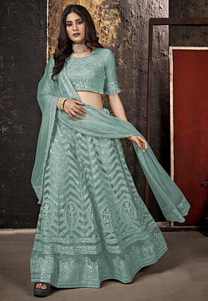 Embroidered Net Lehenga in Sea Green