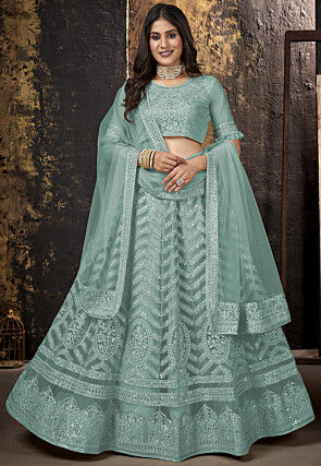 Embroidered Net Lehenga in Sea Green