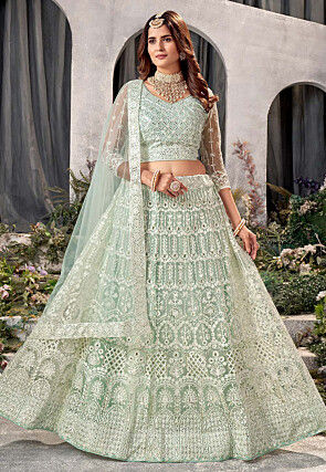 Embroidered Net Lehenga in Sea Green