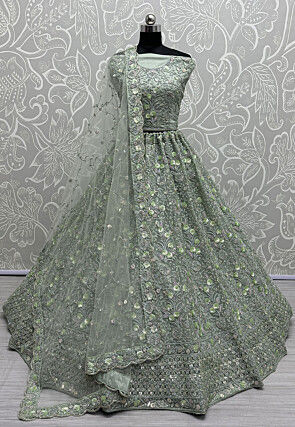 Embroidered Net Lehenga in Sea Green